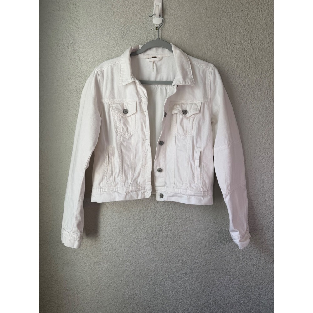 Free People White Denim Trucker Jacket Womens Small Cotton Button Front Boho